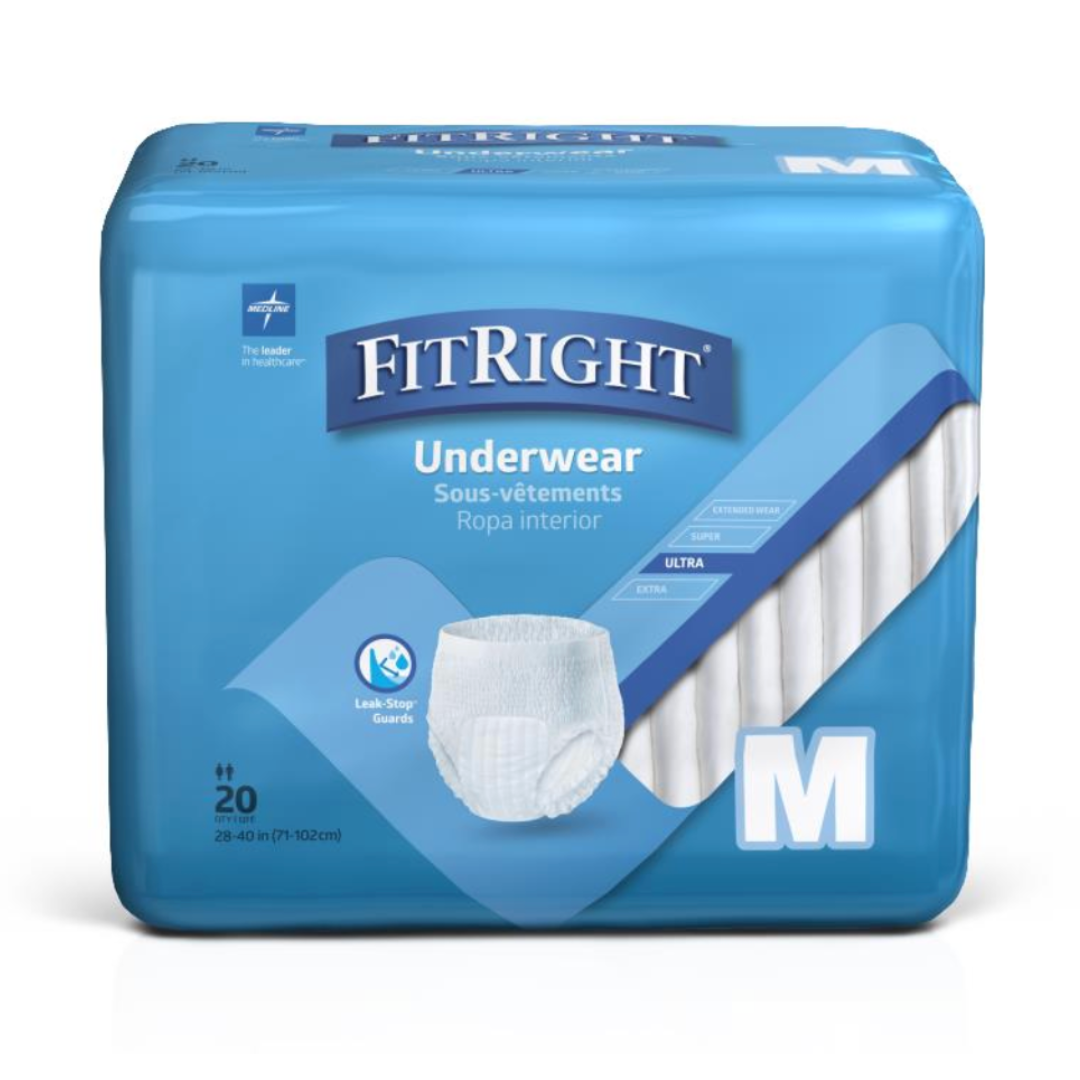 FitRight Unisex Ultra Adult Pull-Up Underwear offers moderate absorbency with an ultra-absorbent core and leak-stop guards. The blue and white size M packaging fits waists 28-40 inches (71-102 cm) and includes 20 pieces.